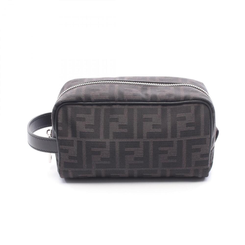 Fendi FF Jacquard Pouch Clutch Bag Canvas Leather Black Gray